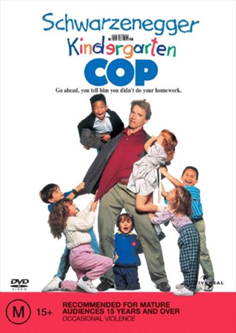 DVD cover of Kindergarten Cop featuring Arnold Schwarzenegger as a kindergarten teacher surrounded by children.