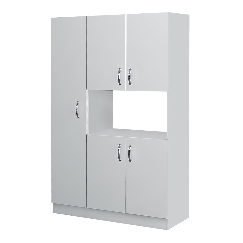 White Kitchen Cabinet IOHANN with melamine finish, featuring multiple storage compartments and a sleek design, ideal for various home settings.