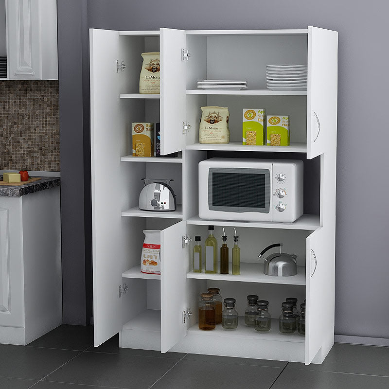 White Kitchen Cabinet IOHANN with melamine finish, featuring multiple storage compartments and a sleek design, ideal for various home settings.