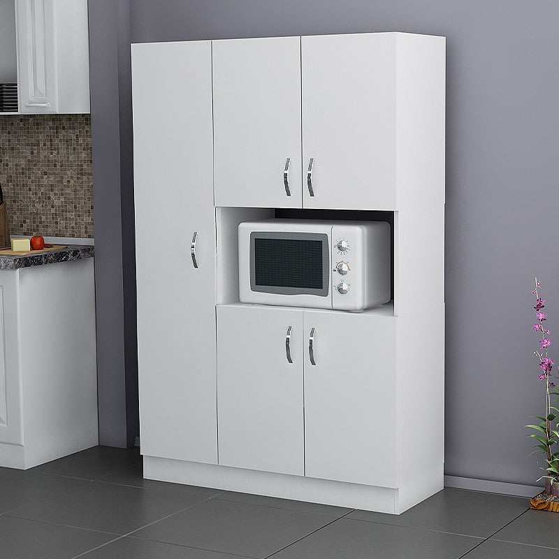 White Kitchen Cabinet IOHANN with melamine finish, featuring multiple storage compartments and a sleek design, ideal for various home settings.