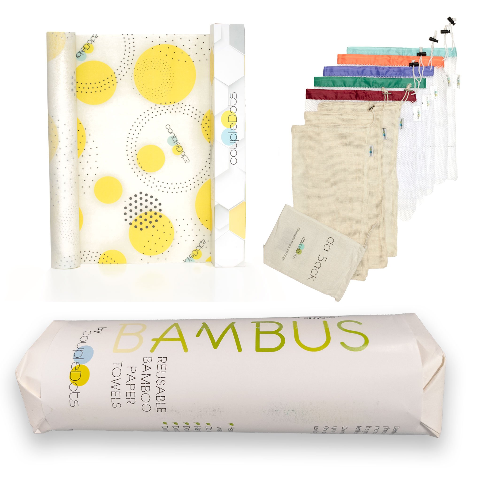 Kitchen Combo featuring Beeswax Food Wrap roll, Bamboo Paper Towel, and reusable items for eco-friendly food storage.