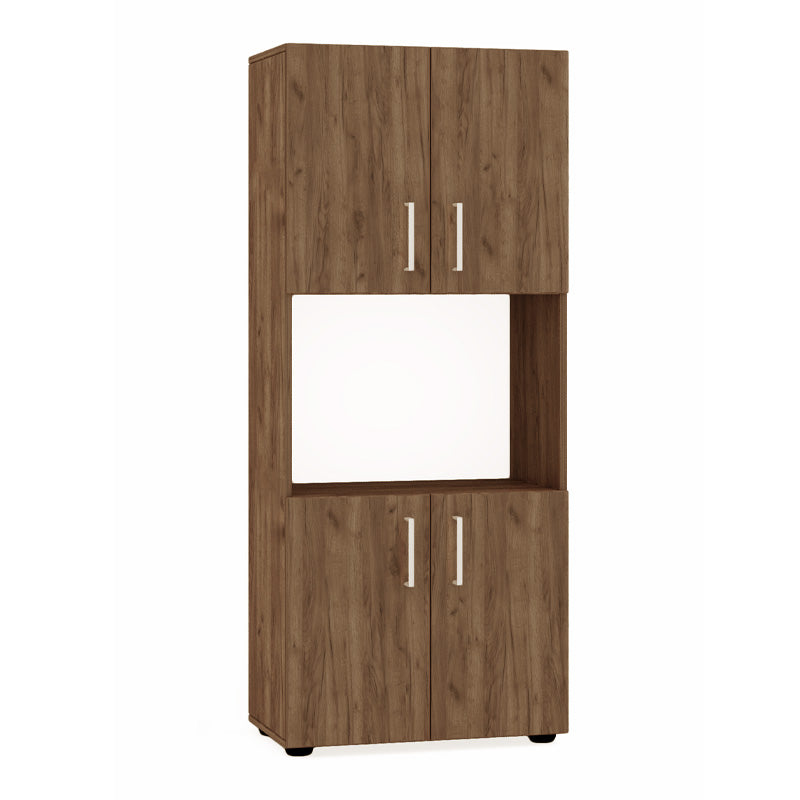 CARMELLA Kitchen Cupboard in light walnut finish, featuring two closed storage compartments and one open shelf, ideal for stylish kitchen organization.