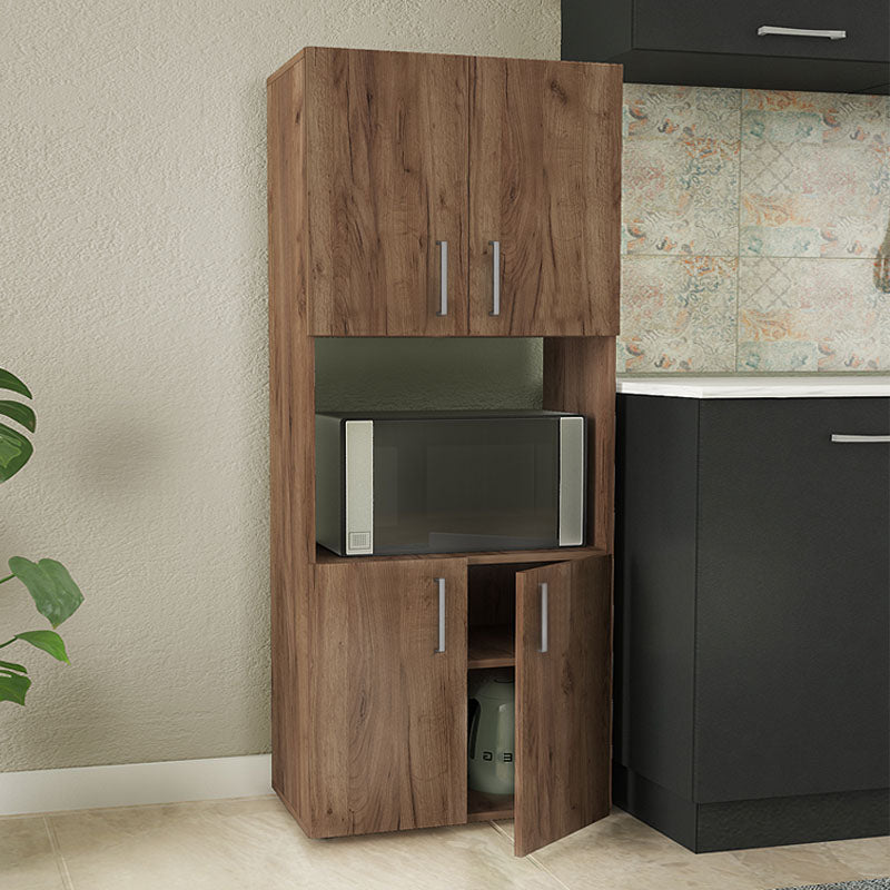 CARMELLA Kitchen Cupboard in light walnut finish, featuring two closed storage compartments and one open shelf, ideal for stylish kitchen organization.