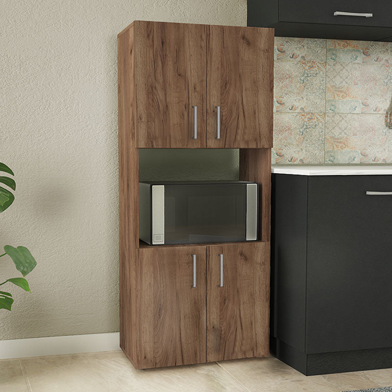 CARMELLA Kitchen Cupboard in light walnut finish, featuring two closed storage compartments and one open shelf, ideal for stylish kitchen organization.