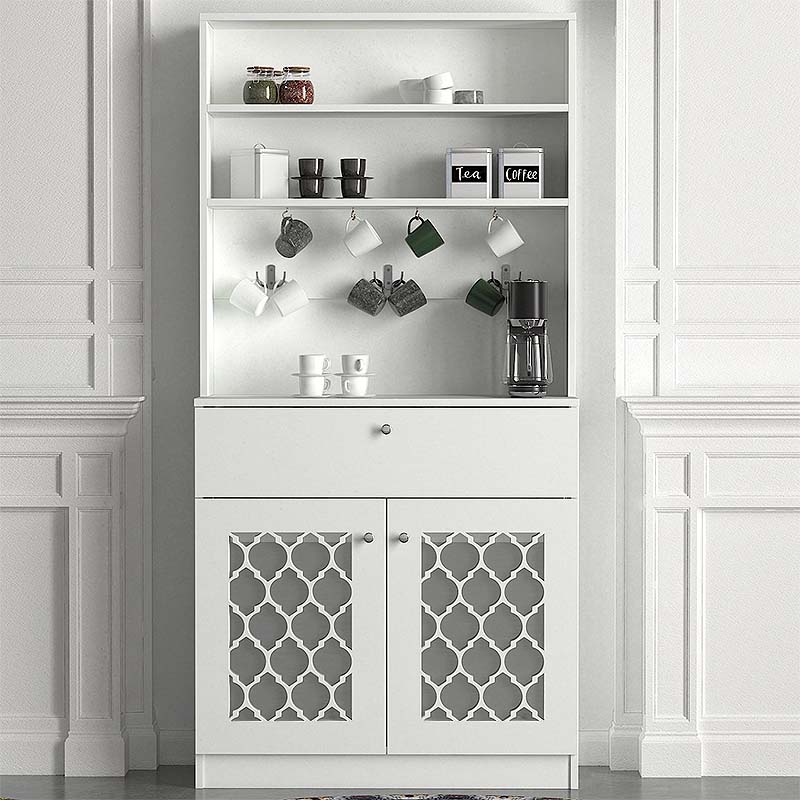 MADAME Kitchen Furniture in white, featuring a spacious drawer and metal hooks for hanging cups, measuring 90x37x183.6 cm.