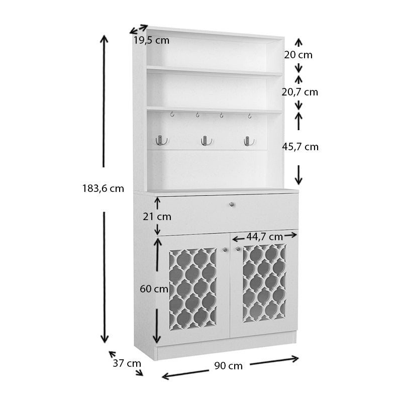 MADAME Kitchen Furniture in white, featuring a spacious drawer and metal hooks for hanging cups, measuring 90x37x183.6 cm.