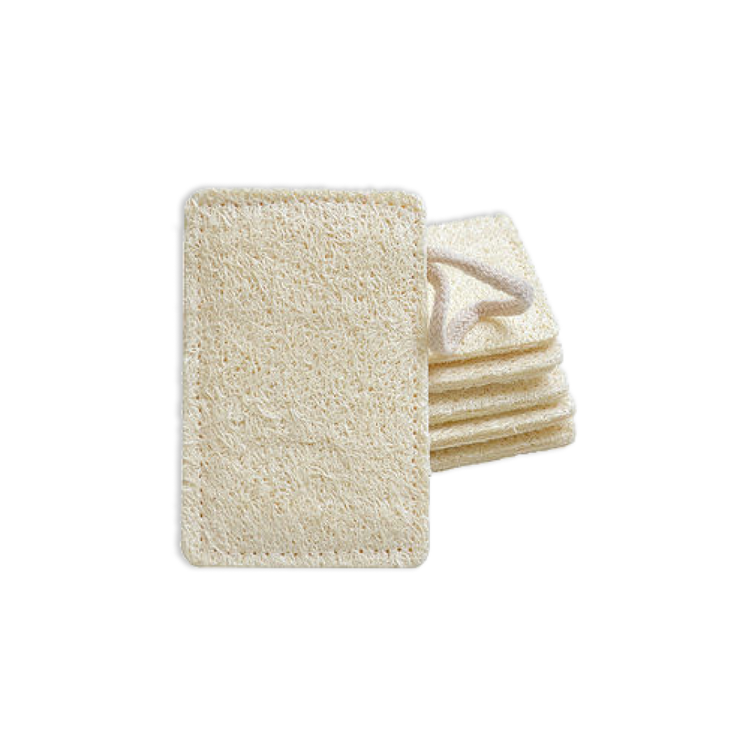 Set of 3 eco-friendly kitchen loofah sponges made from luffa plant, showcasing their natural texture and compostable design.