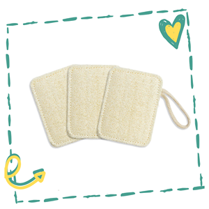 Set of 3 eco-friendly kitchen loofah sponges made from luffa plant, showcasing their natural texture and compostable design.