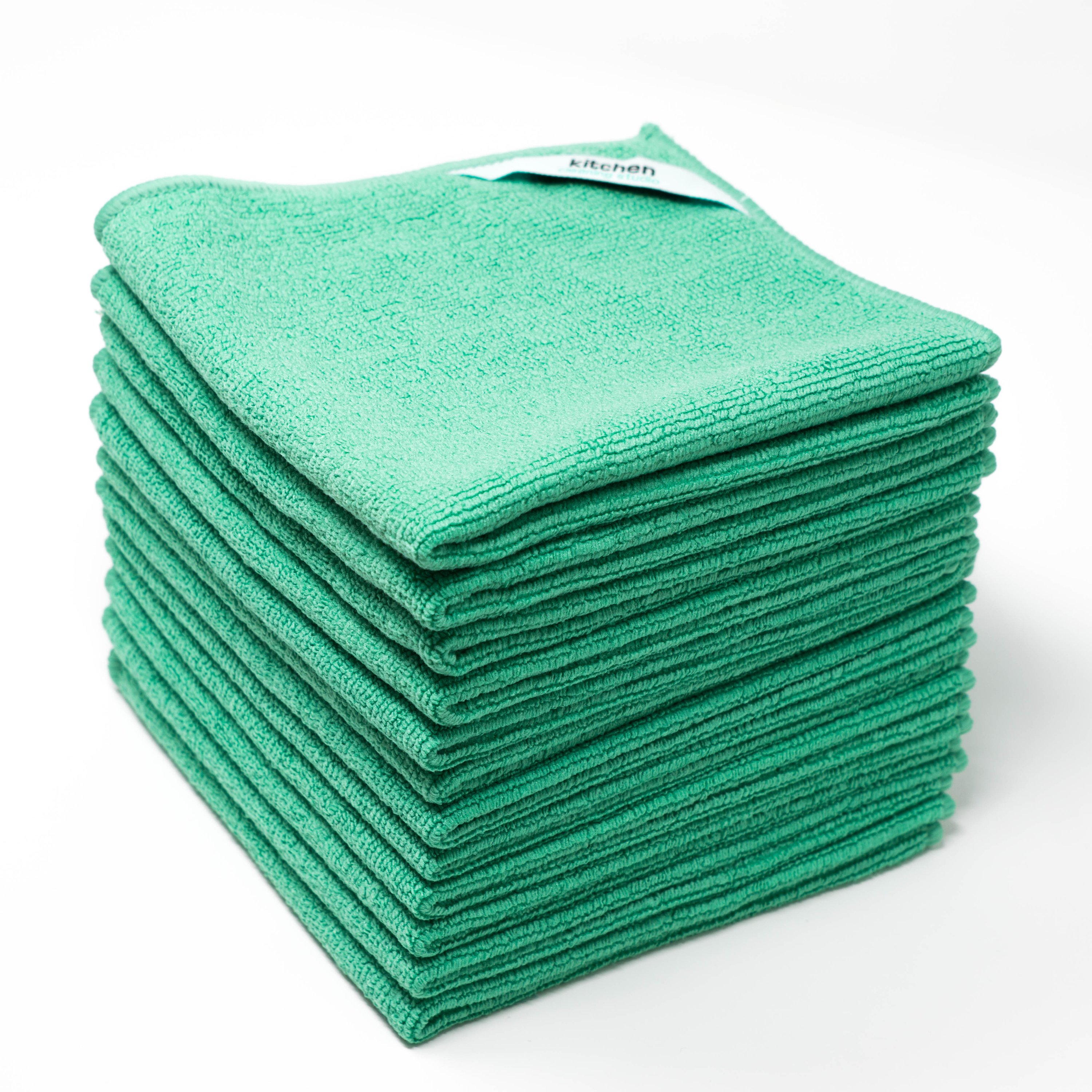 Premium Kitchen Microfiber Cleaning Cloth in mint green, showcasing its soft texture and corner tag for easy drying.