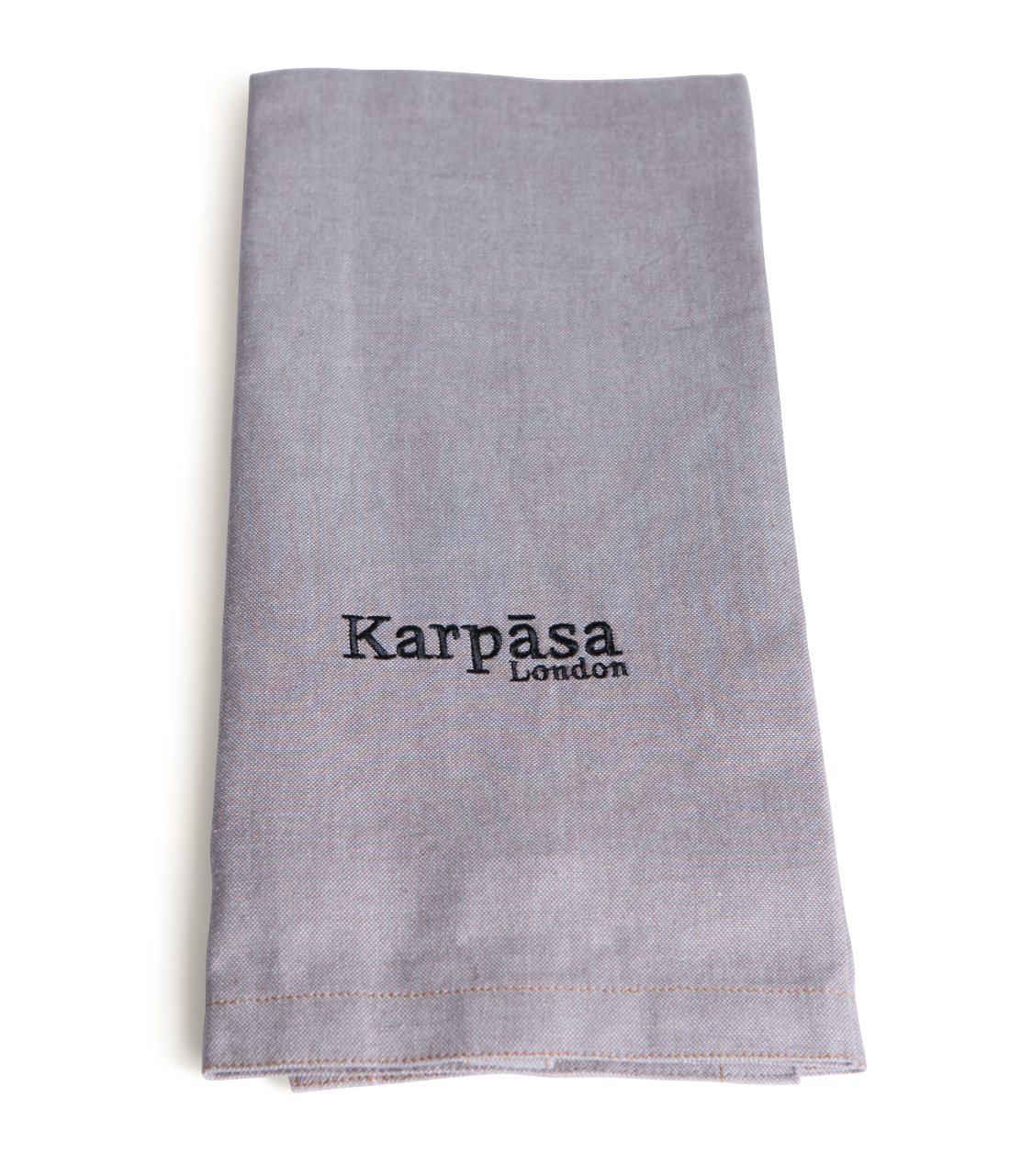 Two grey kitchen towels made of 100% organic cotton with a luxurious chambray weave, elegantly displayed.