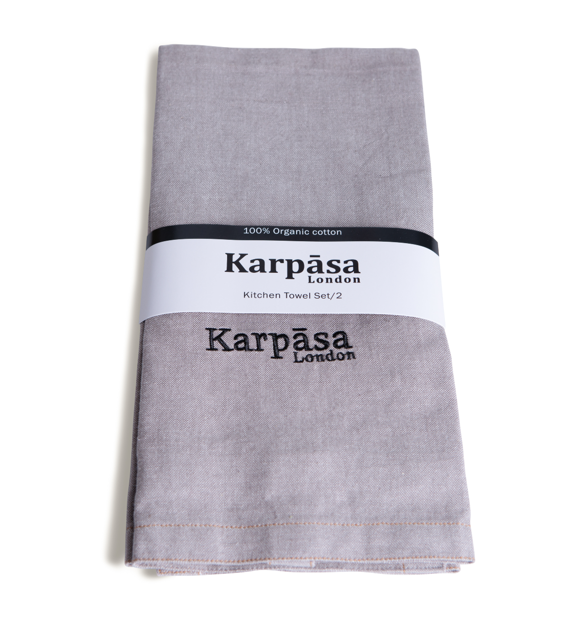 Two grey kitchen towels made of 100% organic cotton with a luxurious chambray weave, elegantly displayed.