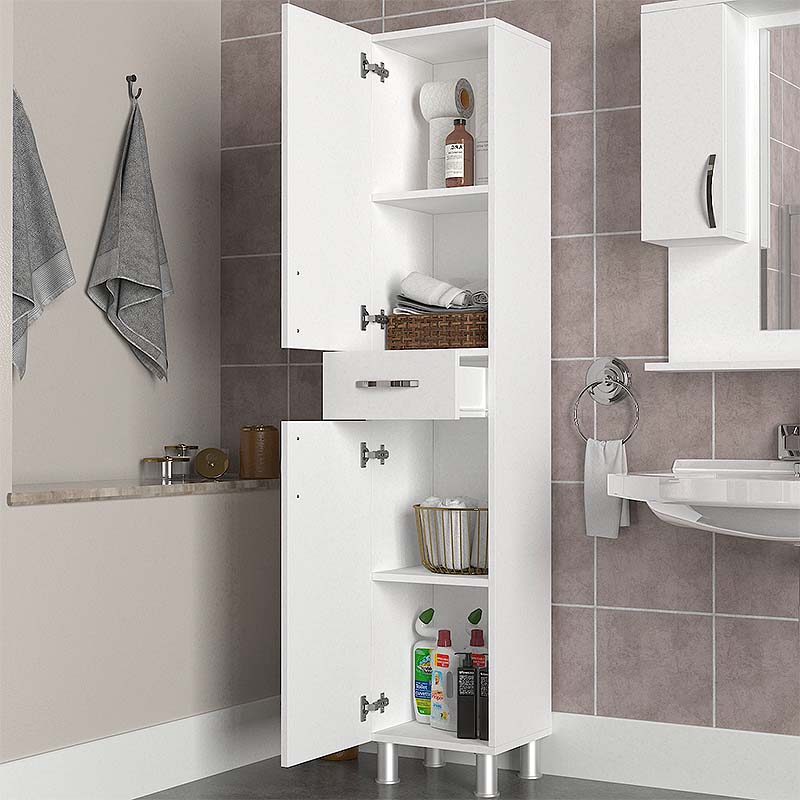 JULIUS White Kitchen/Bathroom Cabinet showcasing a sleek design with melamine finish, dimensions 35x31x179 cm, ideal for stylish storage.