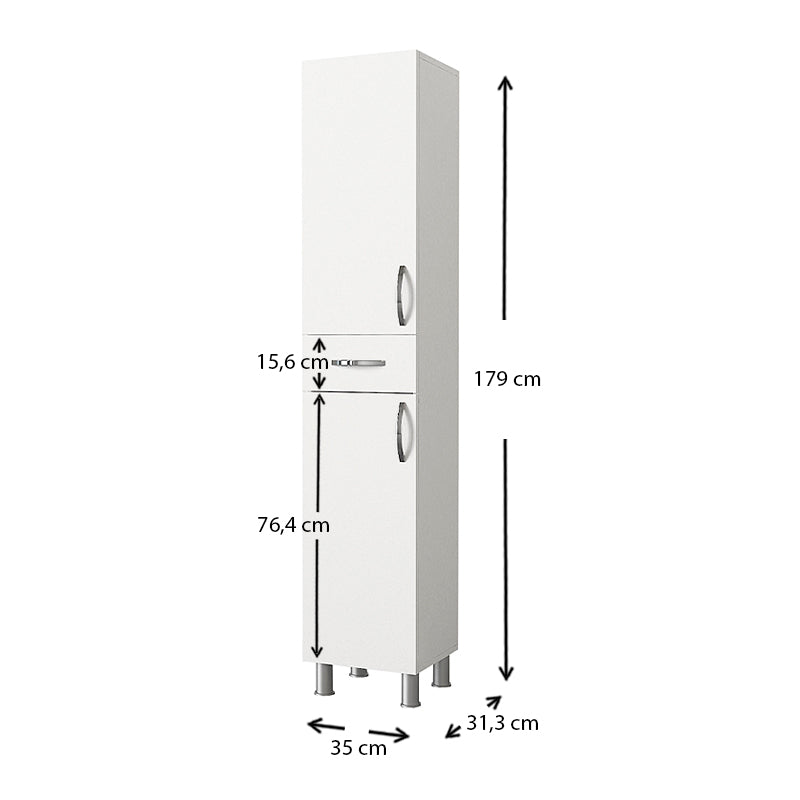 JULIUS White Kitchen/Bathroom Cabinet showcasing a sleek design with melamine finish, dimensions 35x31x179 cm, ideal for stylish storage.