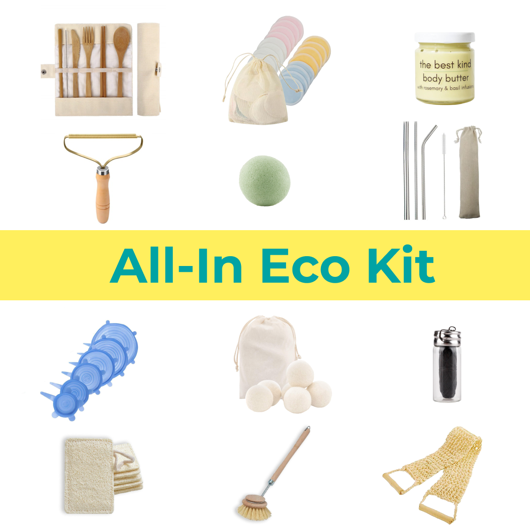 Kiwi Eco Box containing 12 eco-friendly products for a zero-waste lifestyle, including bamboo cutlery, silicone lids, and loofah sponges.