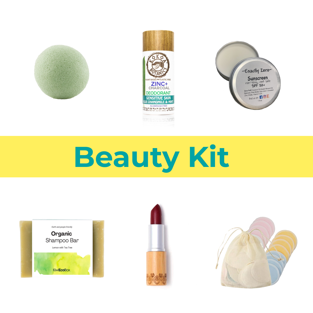 Kiwi Eco Box containing various zero-waste beauty products including sunscreen, body butter, shampoo bar, konjac sponge, lipstick, and reusable makeup remover pads.