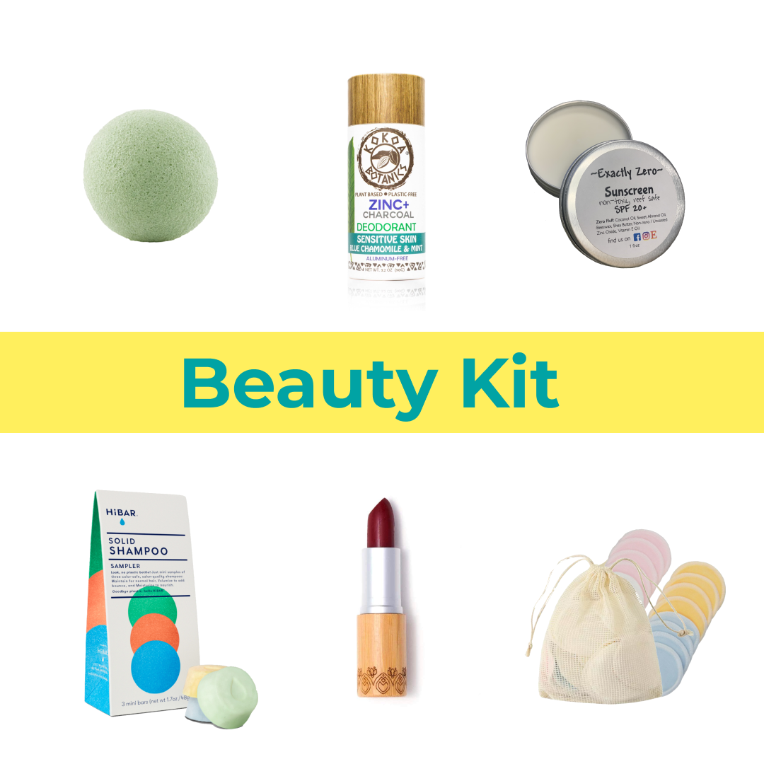 Kiwi Eco Box containing various zero-waste beauty products including sunscreen, body butter, shampoo bar, konjac sponge, lipstick, and reusable makeup remover pads.