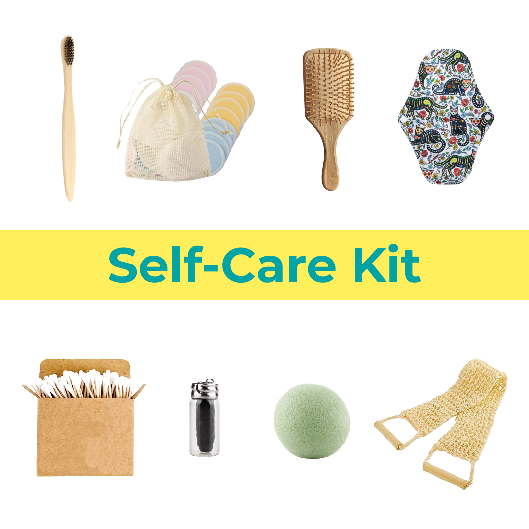 Kiwi Eco Box containing various zero-waste self-care products including bamboo toothbrush, reusable pads, and a konjac sponge.