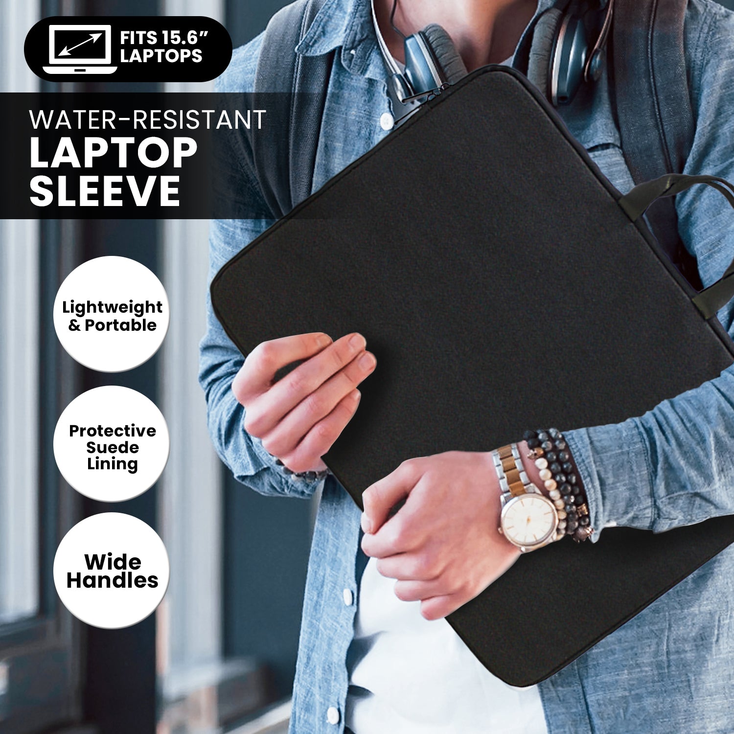 Klika 15.6” Water-Resistant Laptop Sleeve Bag in black, showcasing dual zippers and soft suede lining.