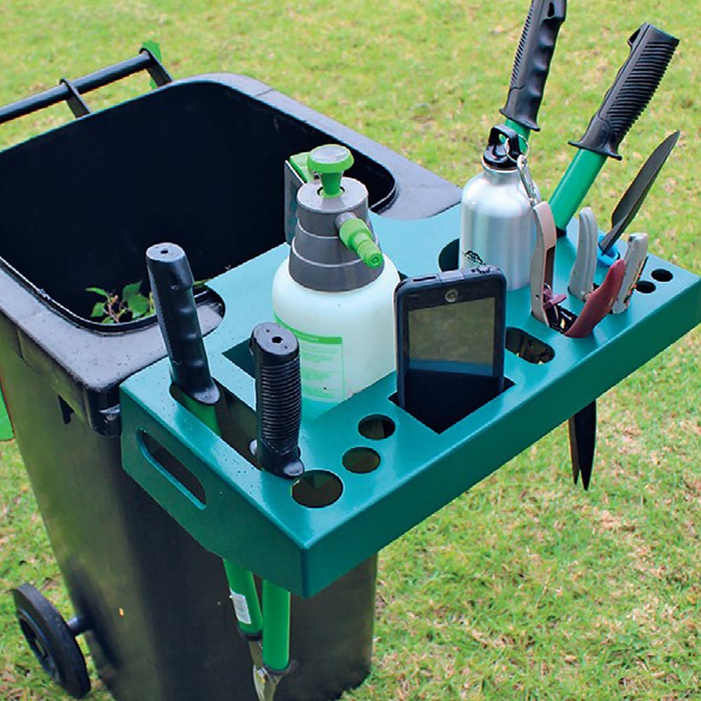 Klika Garden Tool Wheelie Bin Caddy designed to fit over green waste bins, featuring compartments for tools and bottles.