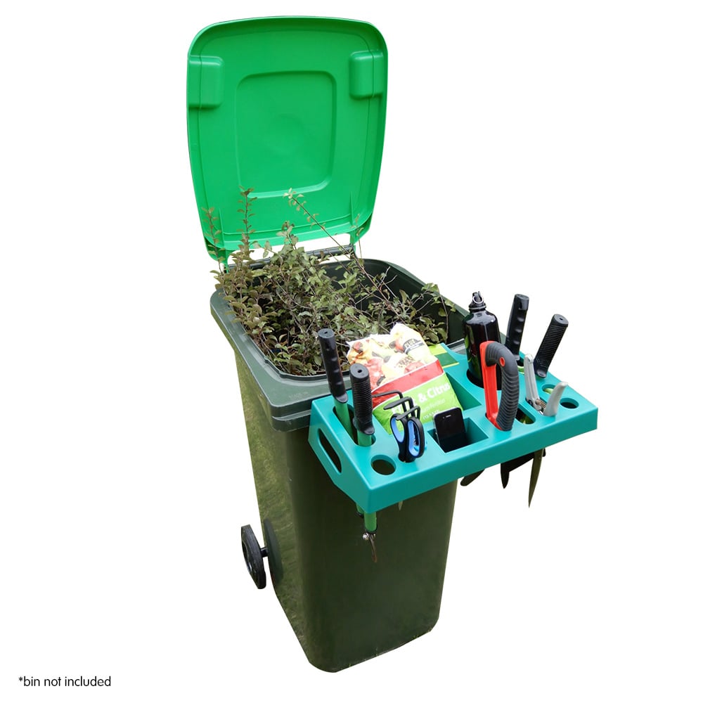 Klika Garden Tool Wheelie Bin Caddy designed to fit over green waste bins, featuring compartments for tools and bottles.