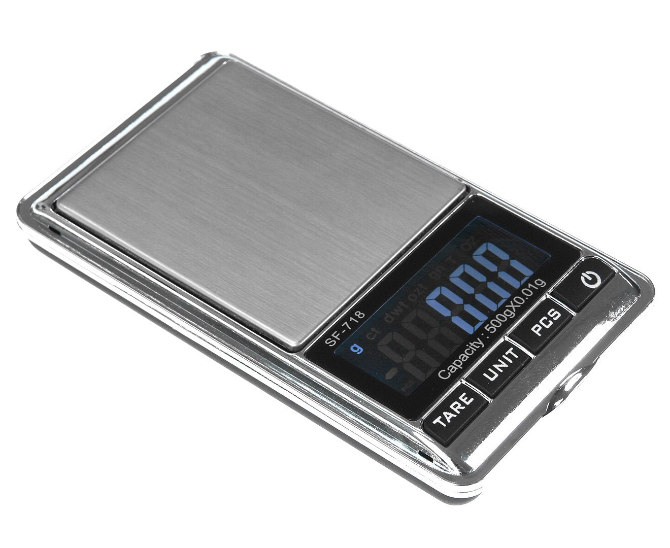 Klika Pocket Digital Electronic Kitchen Scale with stainless steel tray and LCD display, showcasing its compact design and features.