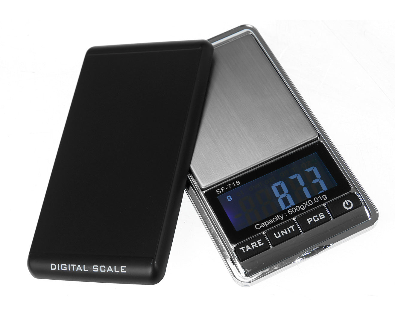 Klika Pocket Digital Electronic Kitchen Scale with stainless steel tray and LCD display, showcasing its compact design and features.