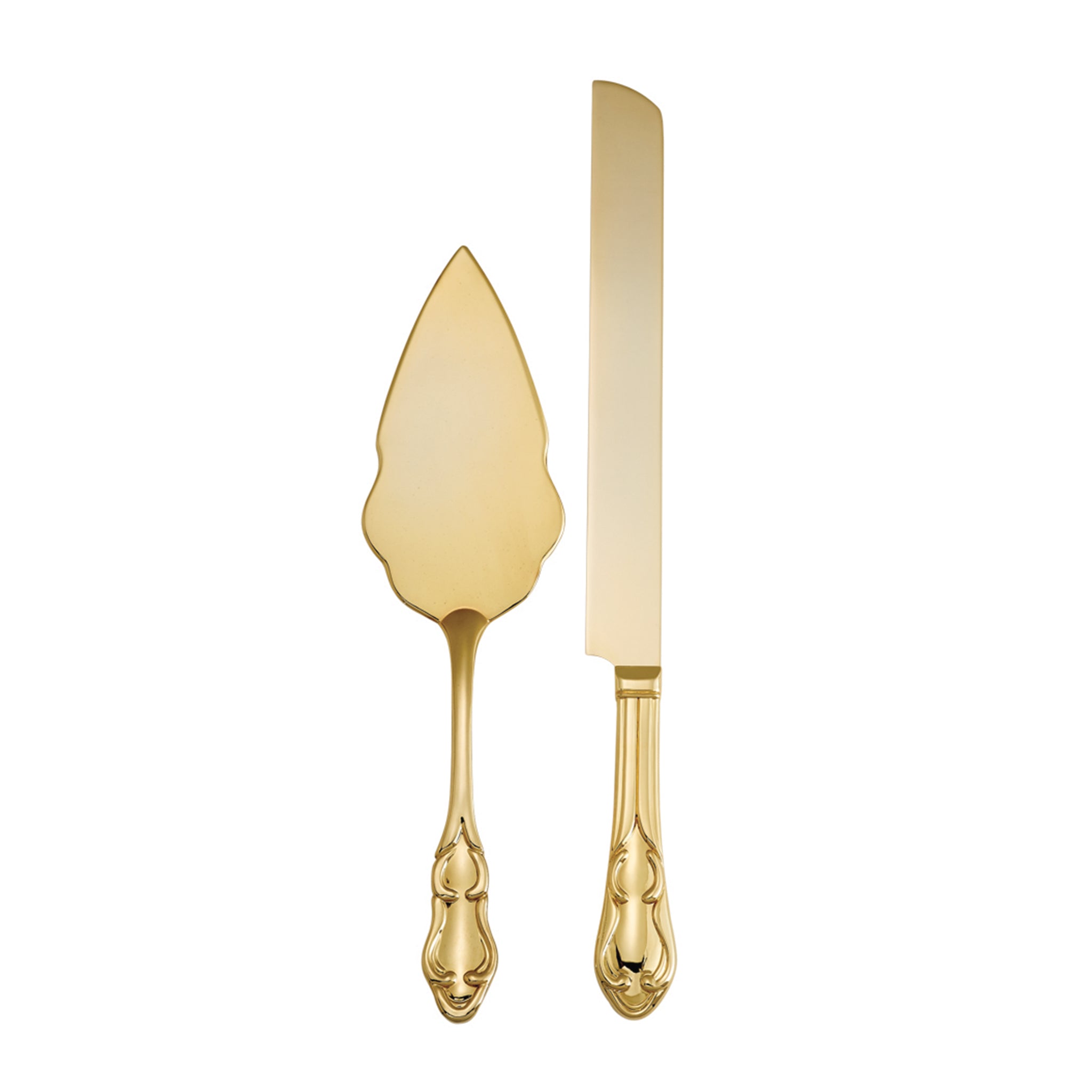 Gold tone plated cake knife and server set with elegant fluting and detailed handles, beautifully gift boxed.