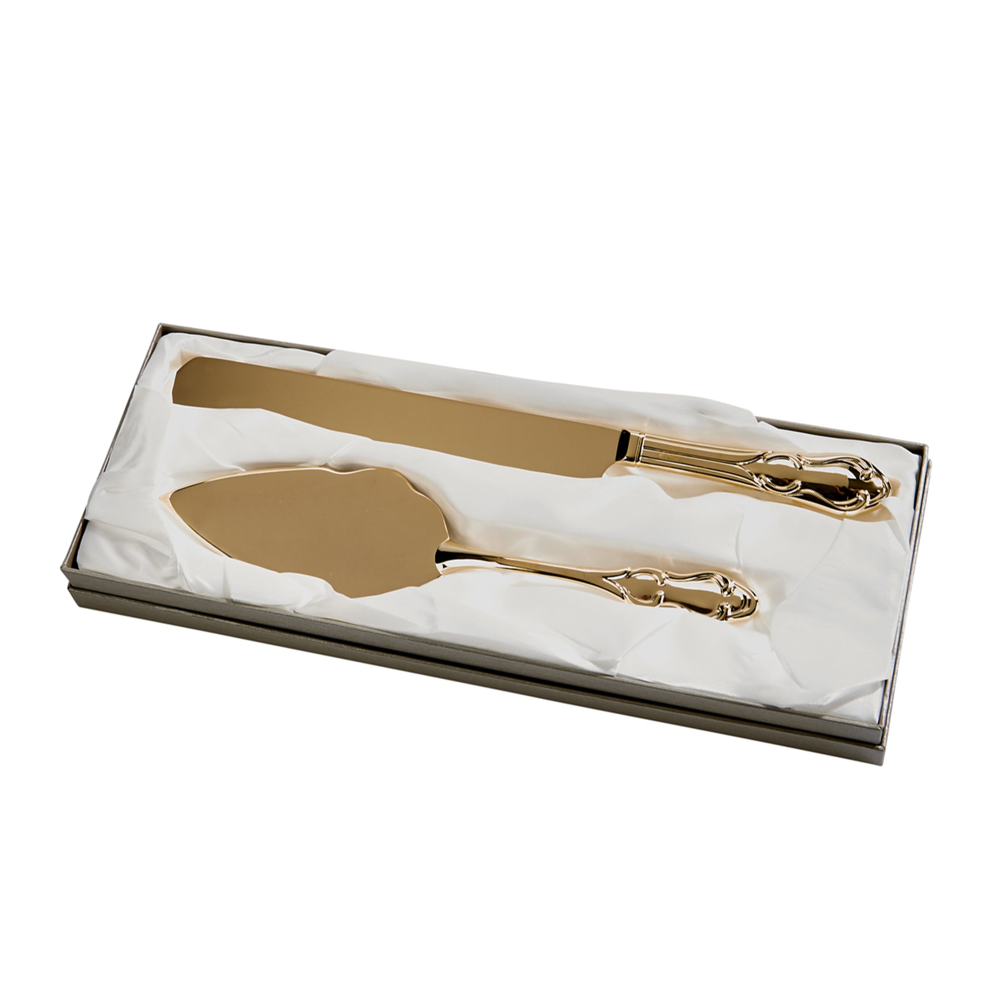 Gold tone plated cake knife and server set with elegant fluting and detailed handles, beautifully gift boxed.