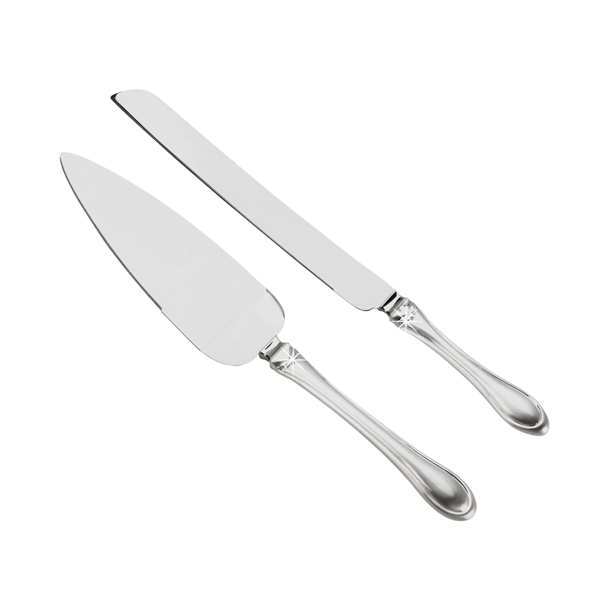 Elegant Knife & Server Set featuring two-tone handles and crystal accents, perfect for serving cakes.