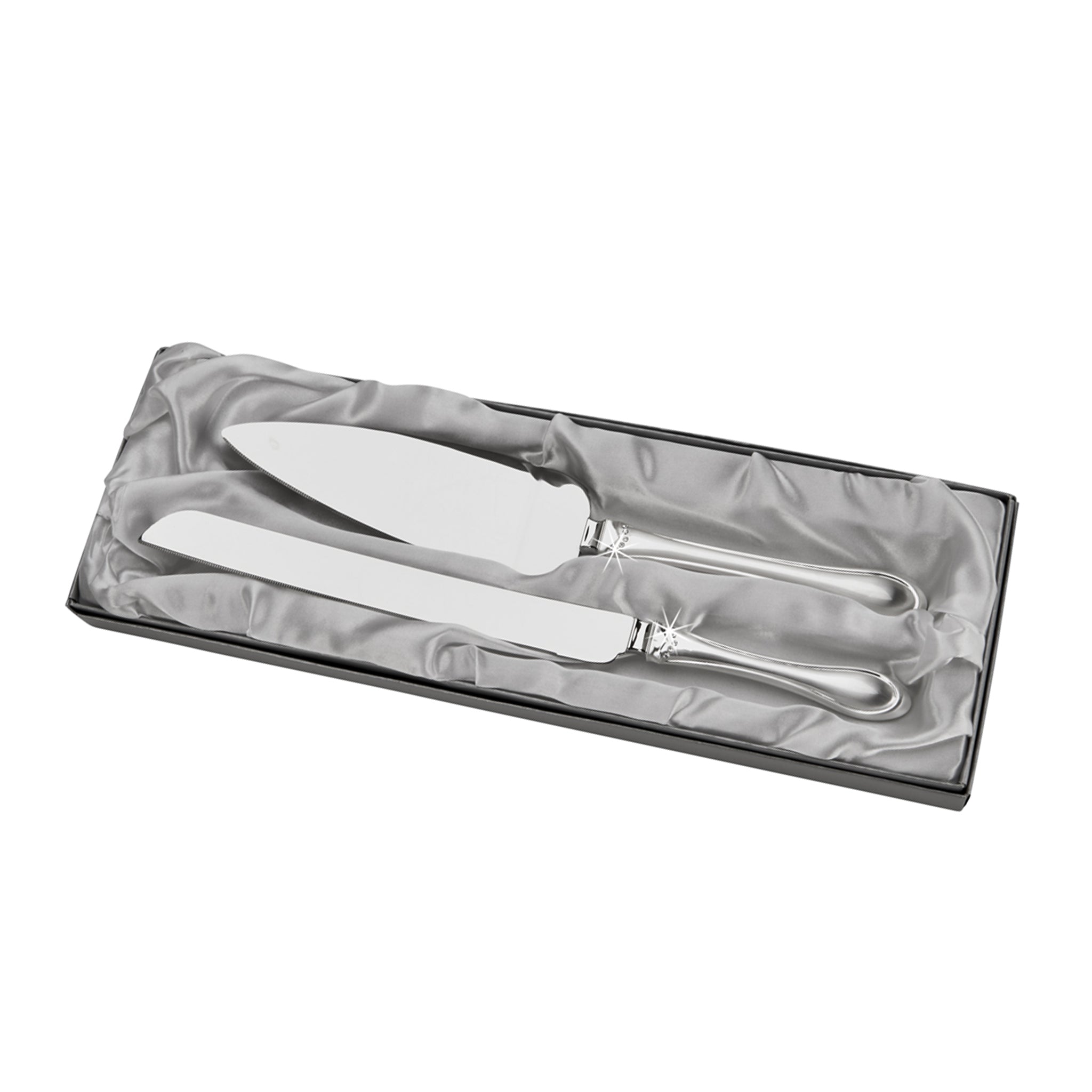 Elegant Knife & Server Set featuring two-tone handles and crystal accents, perfect for serving cakes.