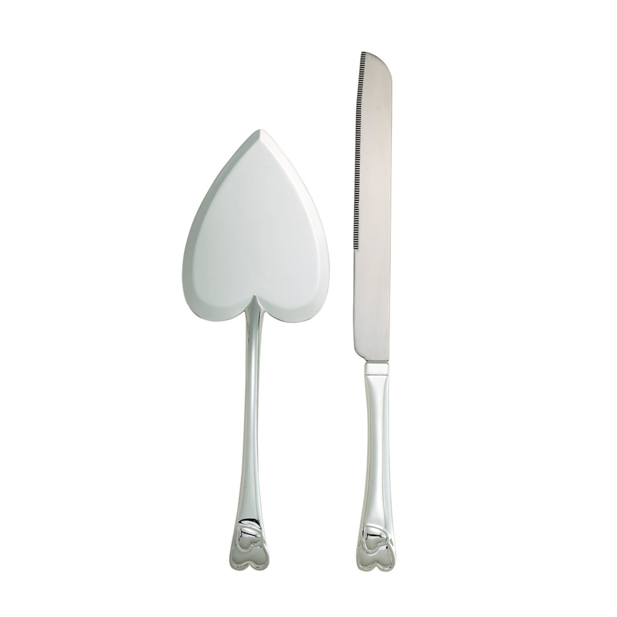 Knife and server set featuring entwined heart handles and a heart-shaped cake server, elegantly gift boxed.