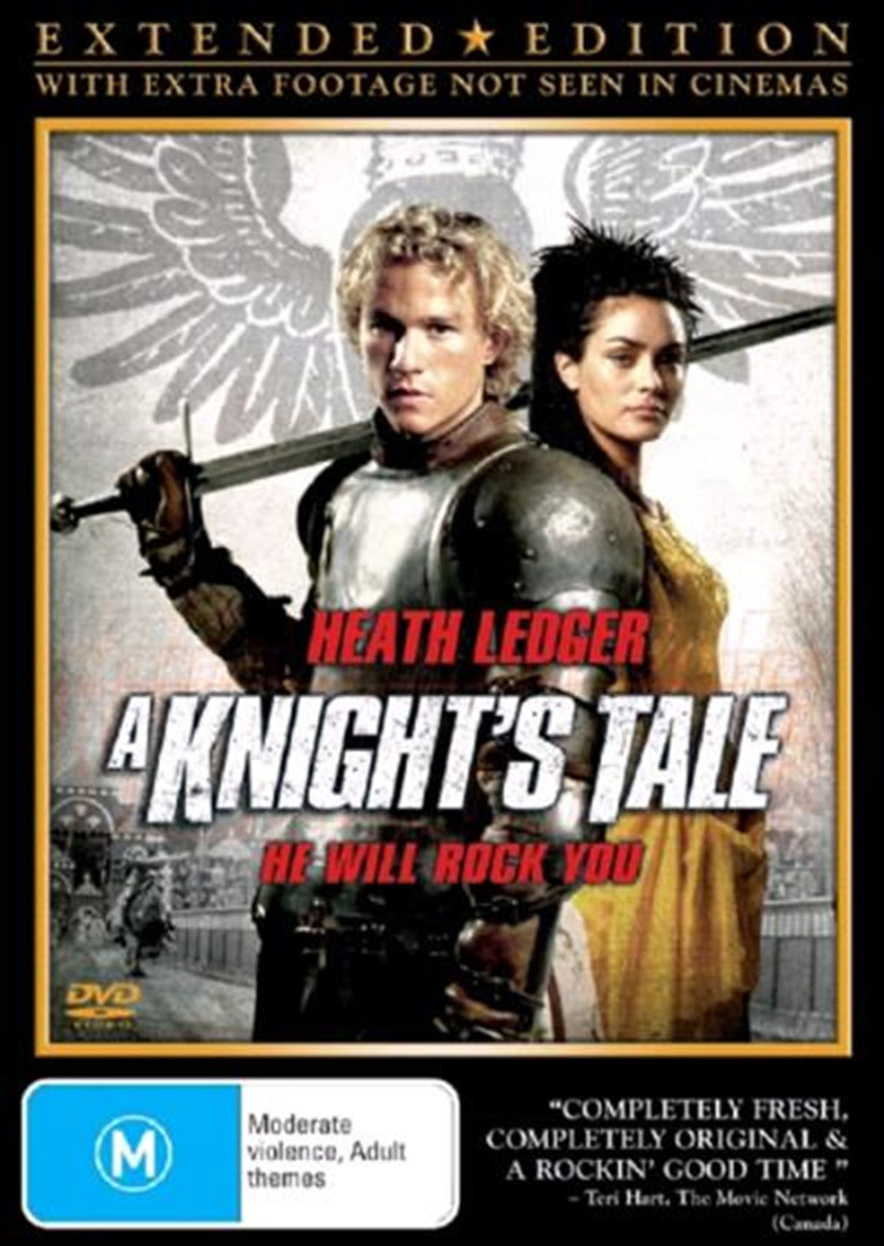 A Knight's Tale Extended Edition DVD cover featuring Heath Ledger in medieval armor, jousting scene in the background.