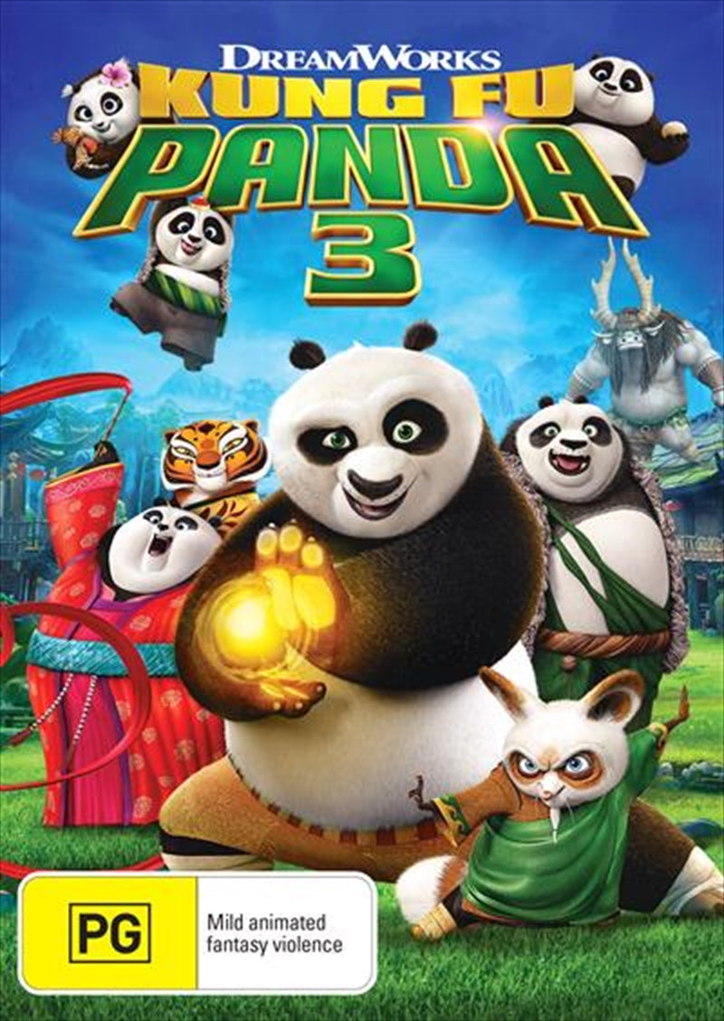 Kung Fu Panda 3 DVD cover featuring Po in action with vibrant colors and dynamic design.