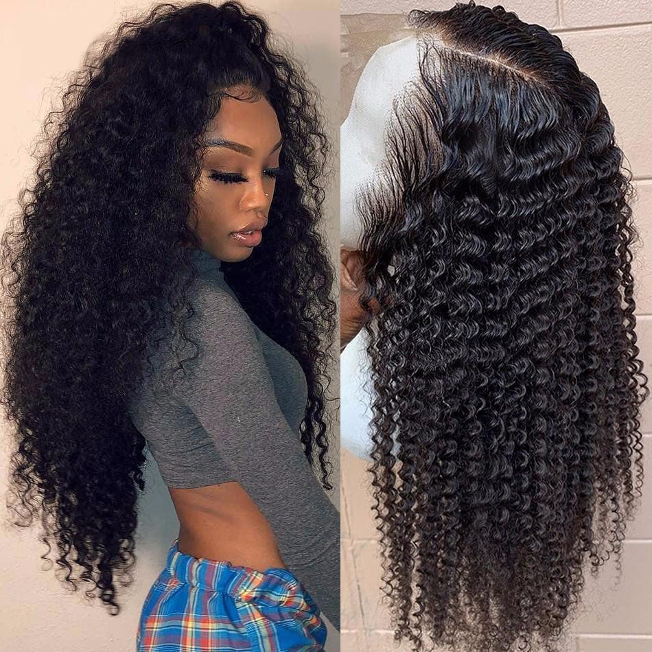 Lace Front Human Hair Wig featuring 13*4 Brazilian Kinky Curly texture, showcasing natural curls and medium brown lace.