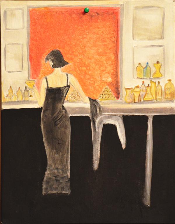 Original oil painting titled 'Lady in Bar', featuring a sophisticated woman in a bar setting, showcasing vibrant colors and intricate details.