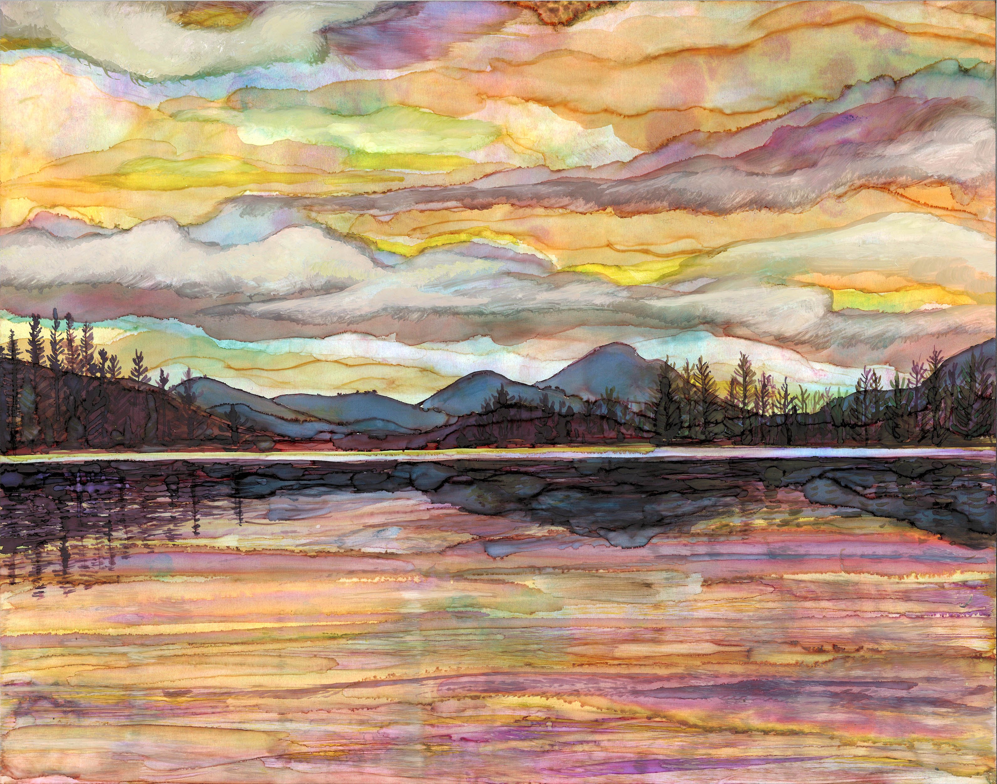 Lake Sunset Greeting Card featuring dual landscape paintings on the cover and inside, printed on heavyweight matte paper.