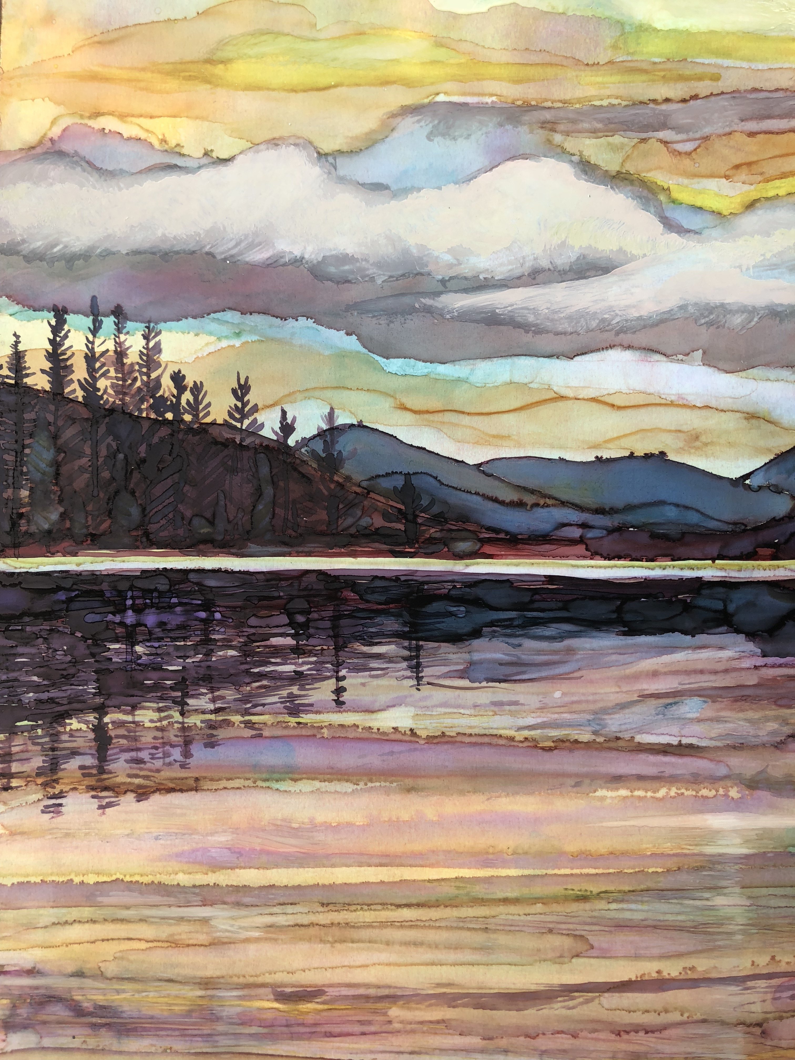 Lake Sunset Greeting Card featuring dual landscape paintings on the cover and inside, printed on heavyweight matte paper.