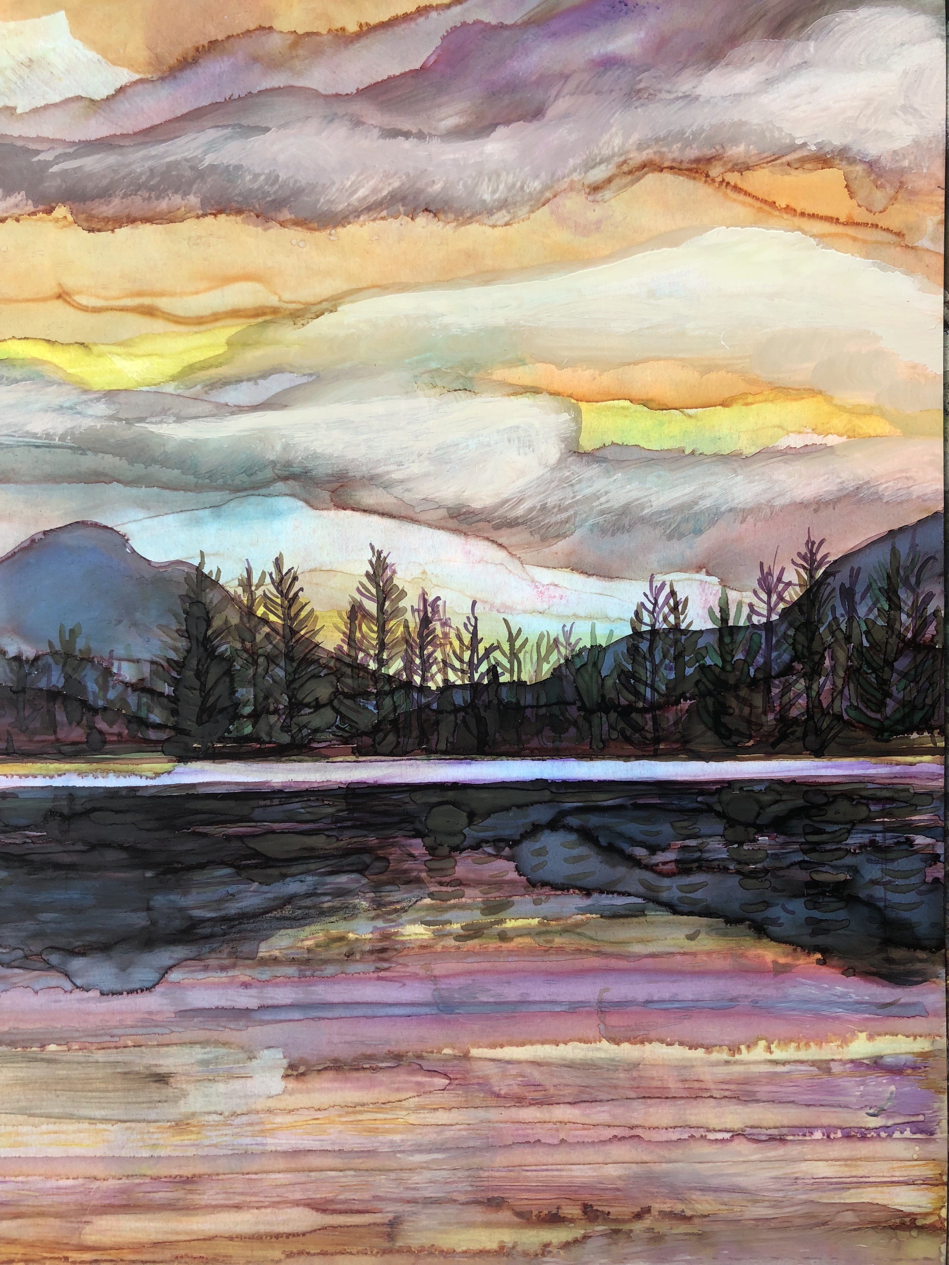 Lake Sunset Greeting Card featuring dual landscape paintings on the cover and inside, printed on heavyweight matte paper.