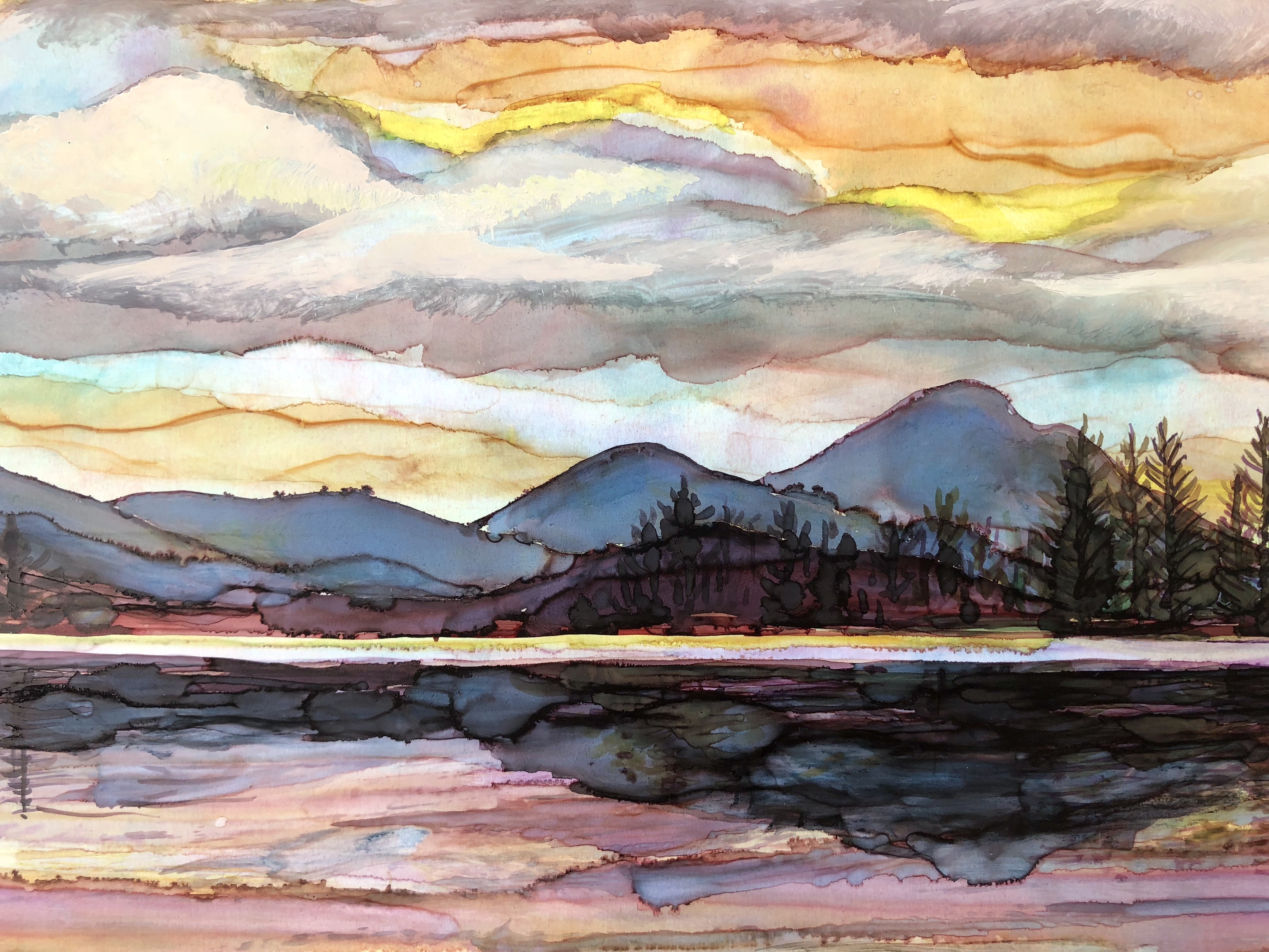 Lake Sunset Greeting Card featuring dual landscape paintings on the cover and inside, printed on heavyweight matte paper.