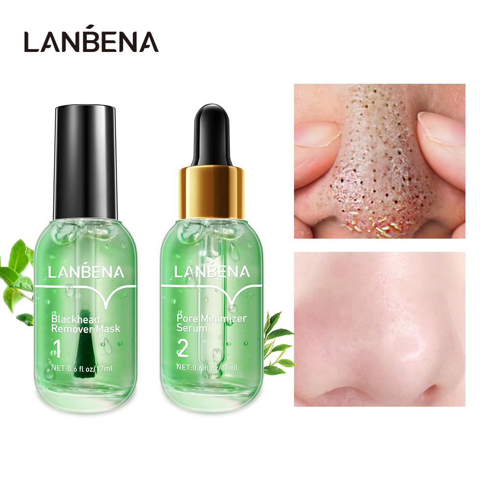 LANBENA Green Tea Blackhead Remover Kit including serum and mask for acne treatment and pore minimization.