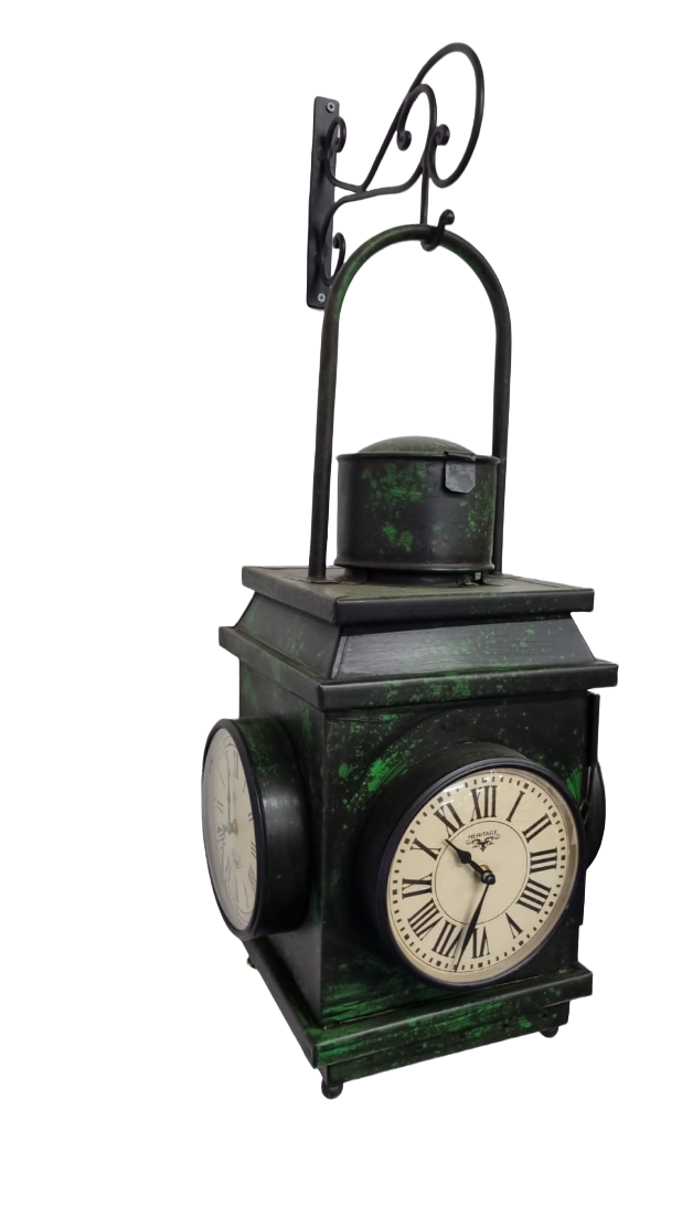 Iron 4 Sided Lantern Clock with antique finish, showcasing its unique four-sided dial design.