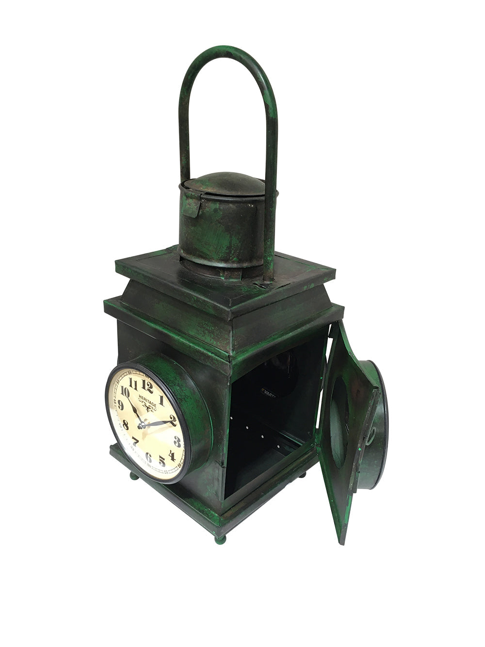 Iron 4 Sided Lantern Clock with antique finish, showcasing its unique four-sided dial design.