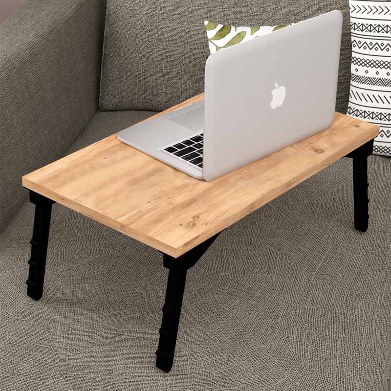 Laptop Table SILKE in oak color with reclining black legs, showcasing its compact design and melamine finish.