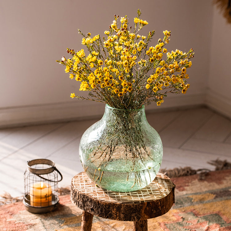 Large Artisan Glass Irregular Shape Vase in clear and green colors, showcasing its unique hand-blown design and elegant curves.