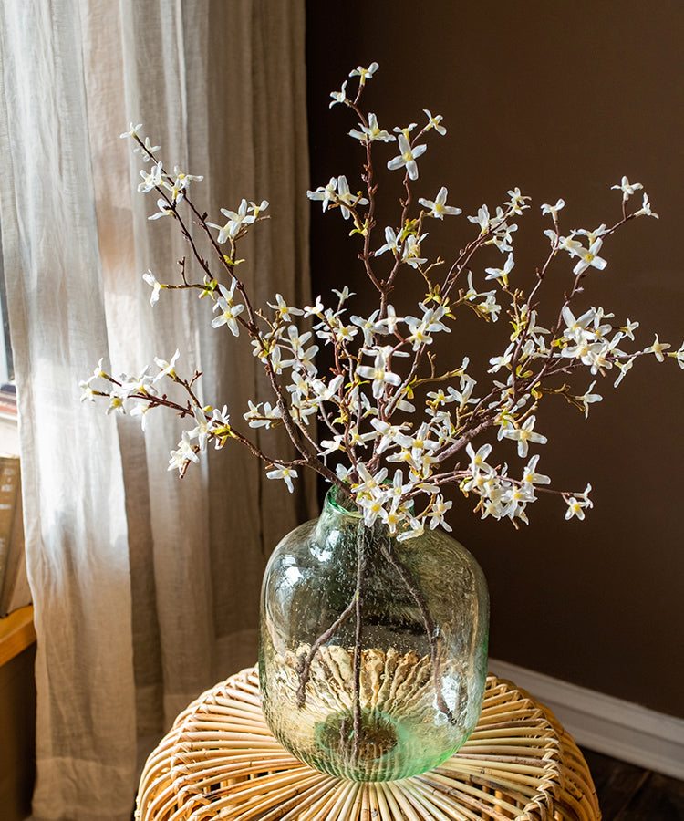 Large Artisan Glass Irregular Shape Vase in clear and green colors, showcasing its unique hand-blown design and elegant curves.