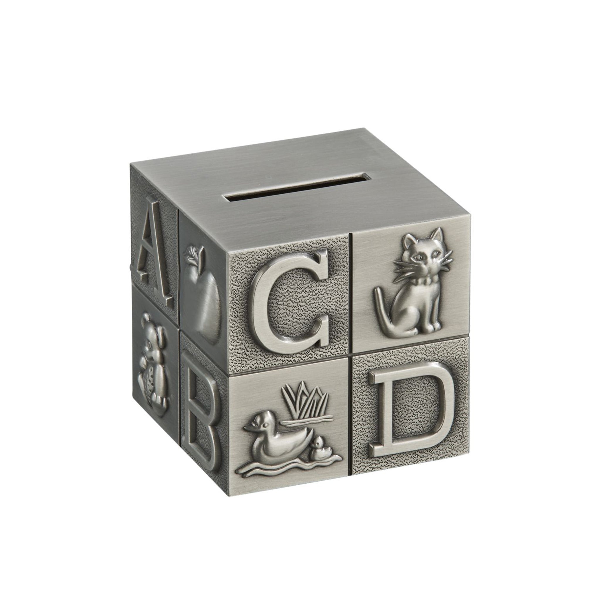 Large Block Bank with Matte Finish featuring raised alphabet letters and animal icons, crafted in brushed pewter.