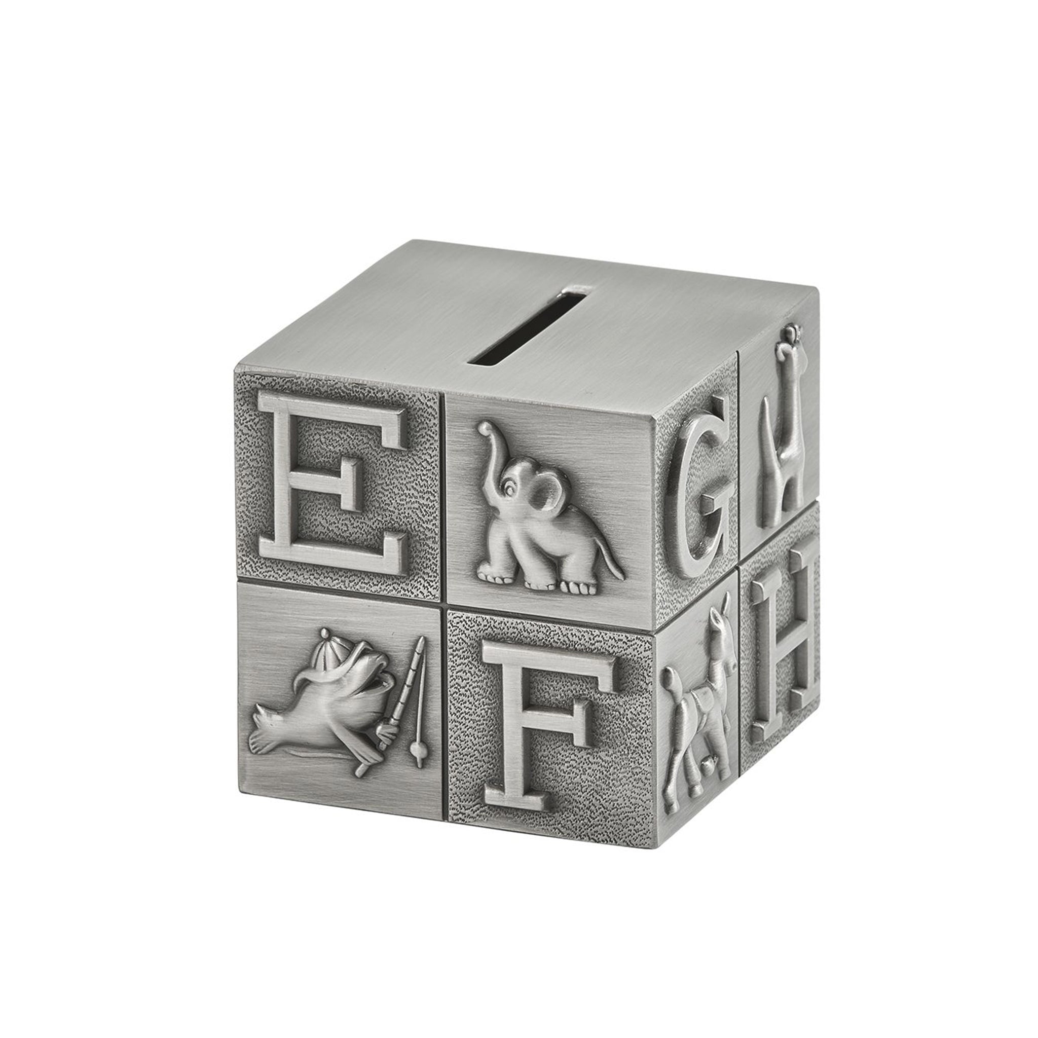 Large Block Bank with Matte Finish featuring raised alphabet letters and animal icons, crafted in brushed pewter.