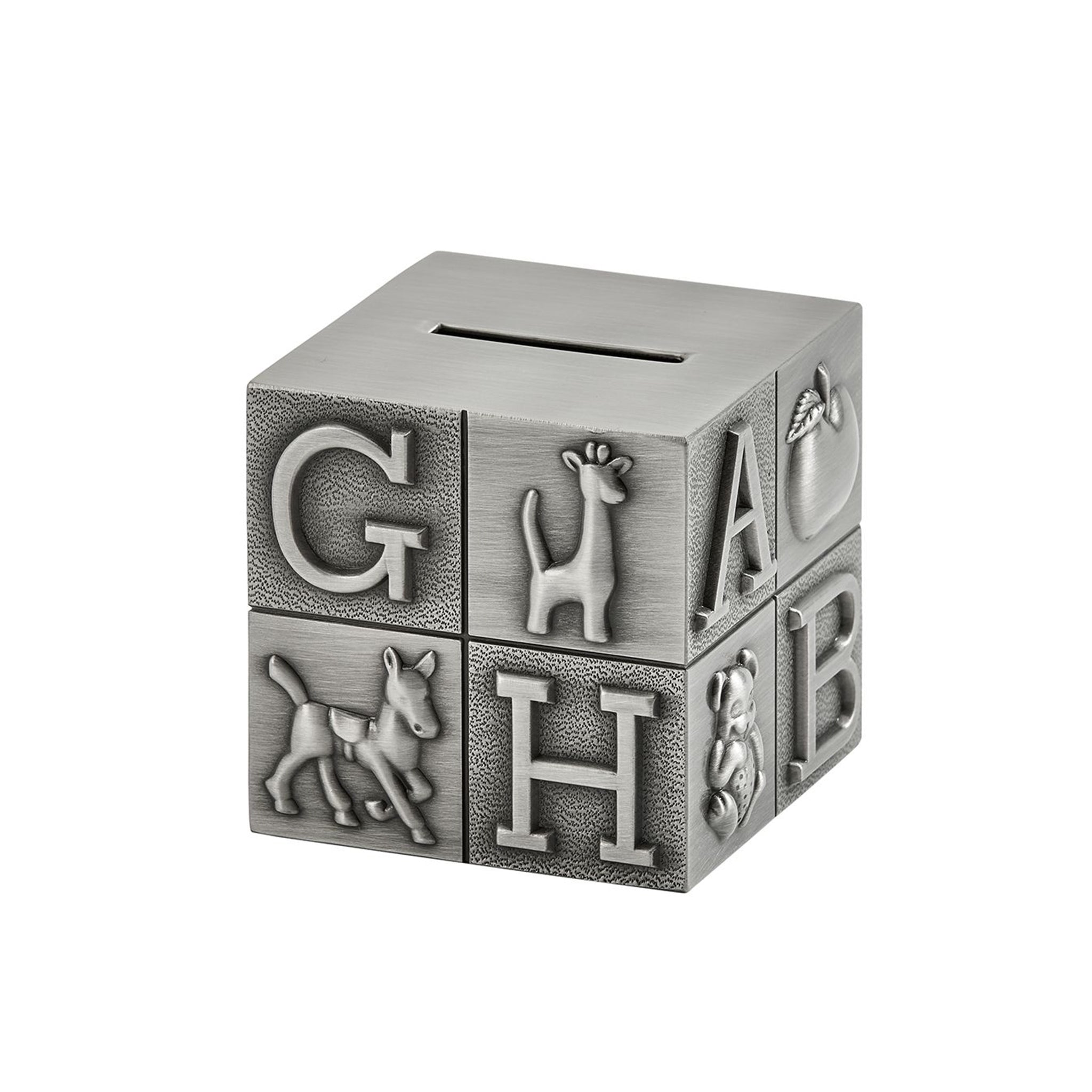 Large Block Bank with Matte Finish featuring raised alphabet letters and animal icons, crafted in brushed pewter.