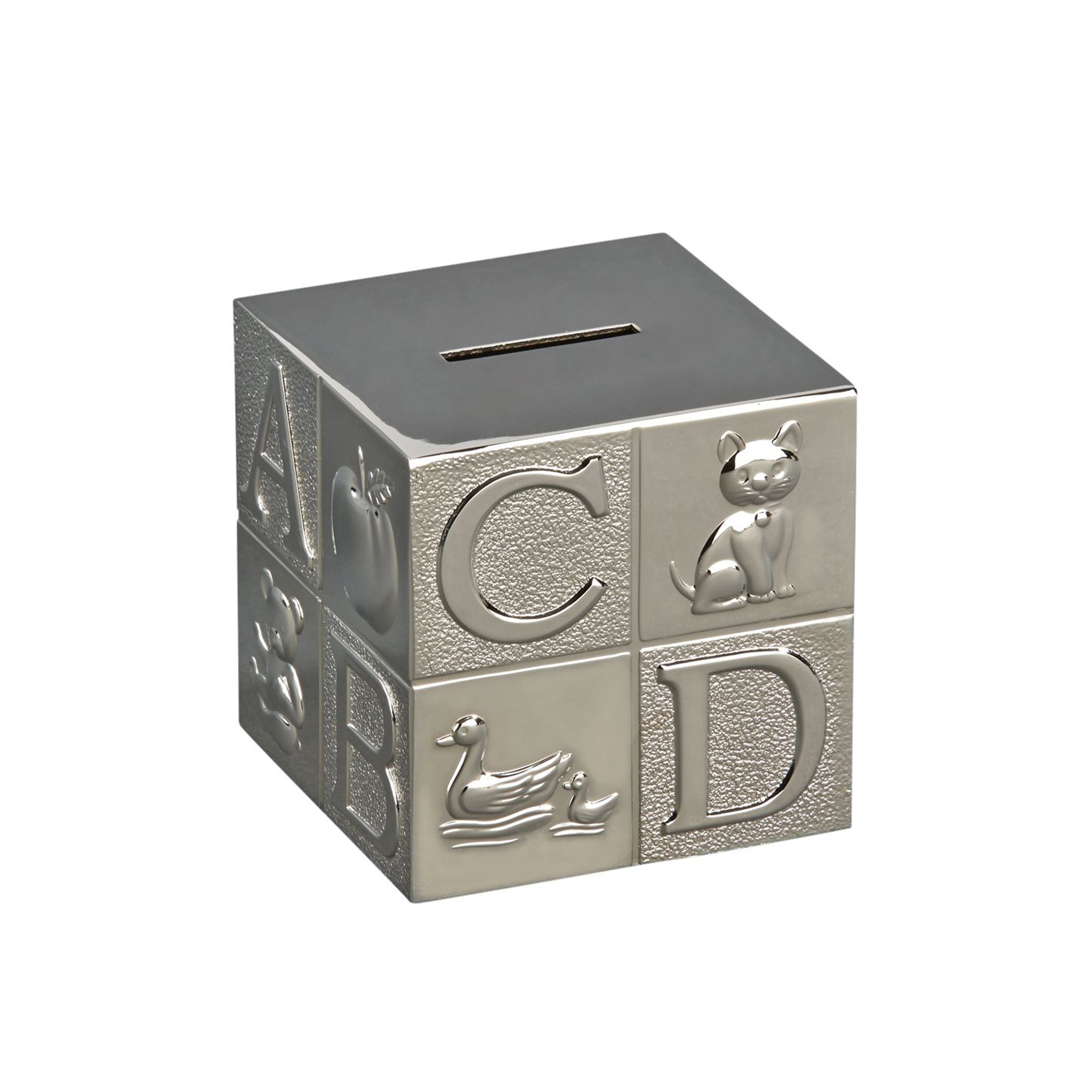 Large Block Bank with polished nickel finish featuring raised alphabet letters and animal icons.