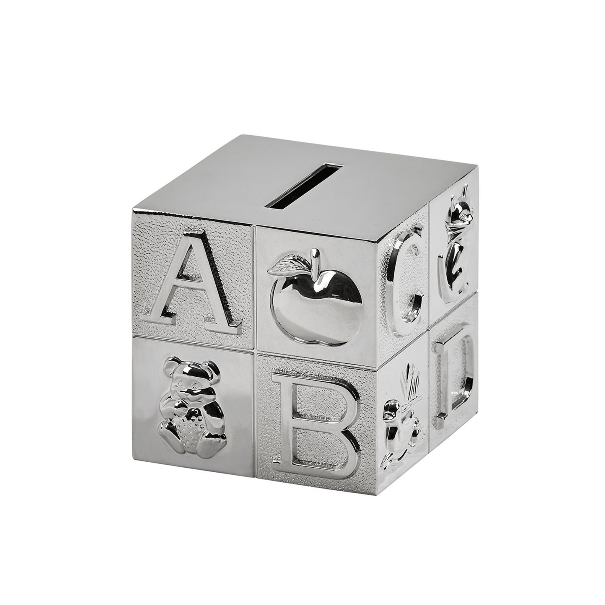 Large Block Bank with polished nickel finish featuring raised alphabet letters and animal icons.